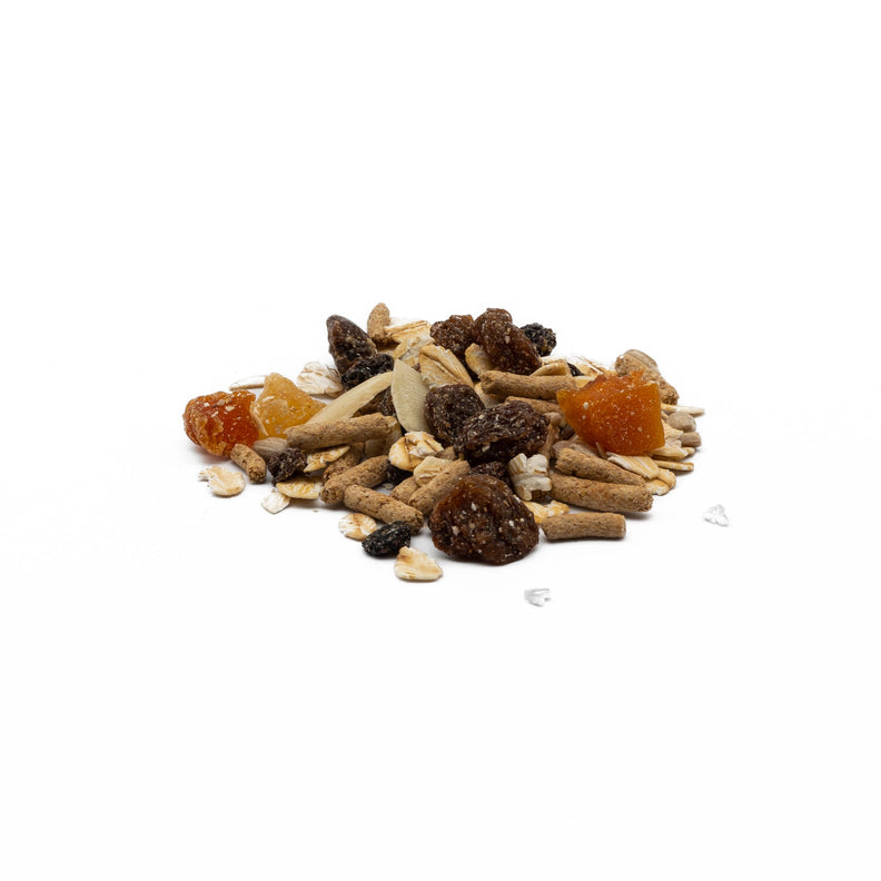 Natural muesli contains blend of natural sultanas, flaked almonds, dried currants, dried fruits, and oats