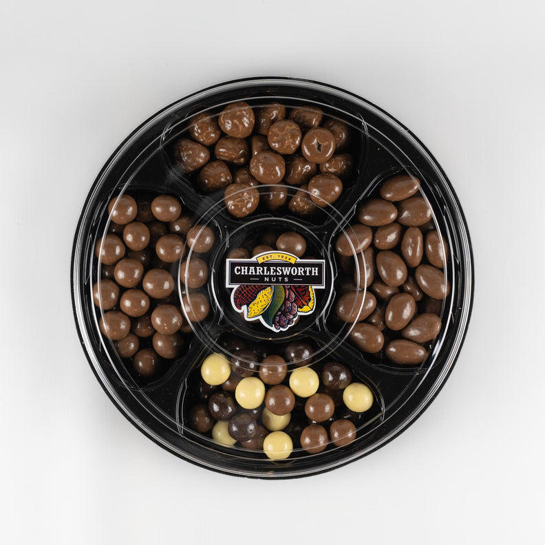 delightful mix of Chocolate Almonds, Chocolate Apricots, Chocolate Peanuts, Triple Choc Fruit Trio and Raspberry Lolly Chocs.