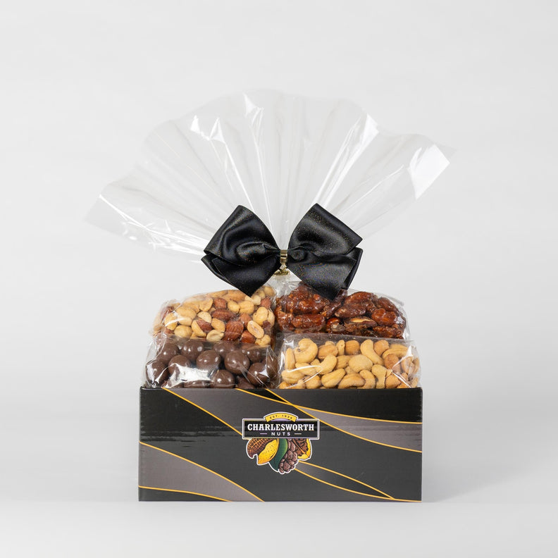 Gift Basket filled with chocolate apricots, glazed almonds, salted cashews, salted peanuts and more