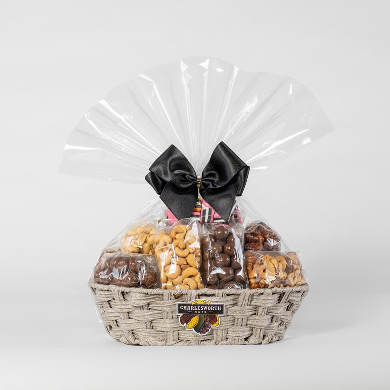 Gift Basket filled with 12 nuts and chocolates, black ribbon and reusable beautiful basket