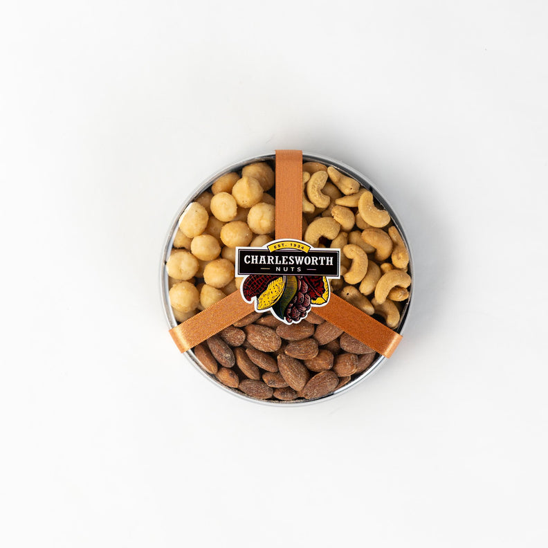 Salted cashews, salted macadamias and smoked almonds in a gift pack.