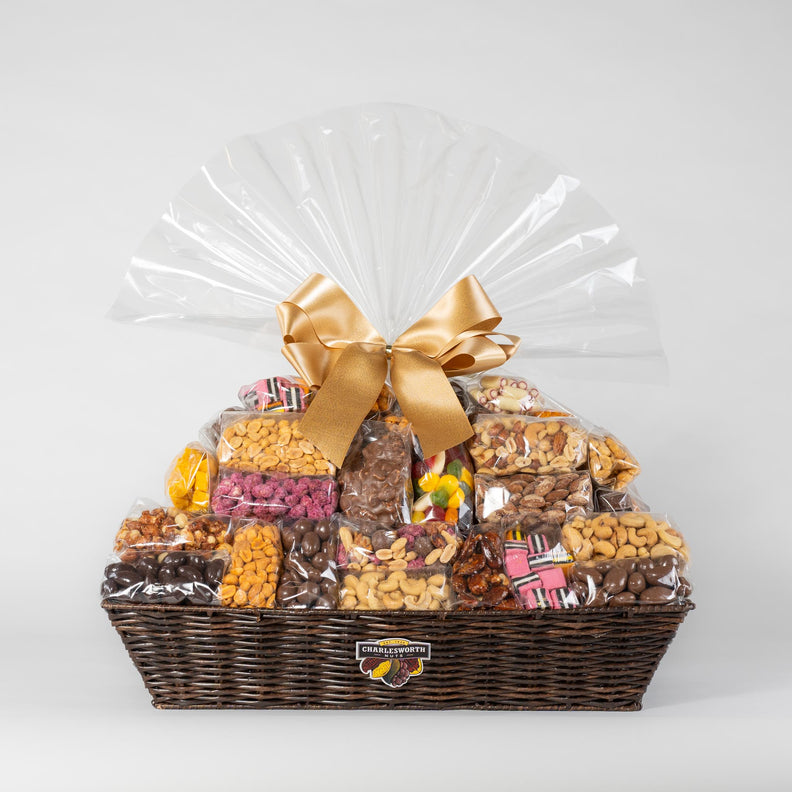 A Massive Gift Basket overflowing with Charlesworth Nuts and irresistible Chocolates, presented in a stylish, Eco-Friendly brown basket