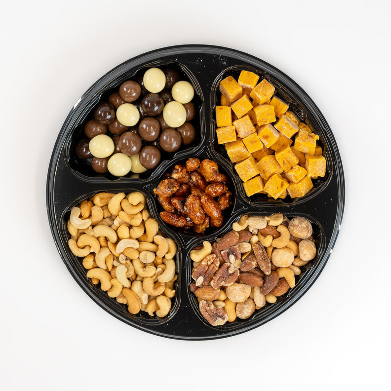 Party Pack with chocolates, apricot fruit pieces, glazed almonds, cashwes and salted nut mix.