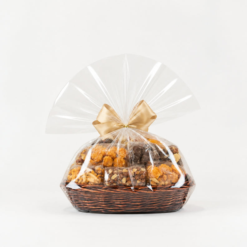 Christmas gift hamper, filled with nuts and chocolates.