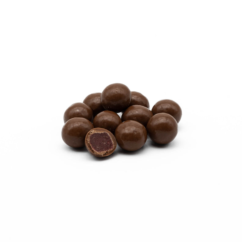 Raspberries enveloped in layers of smooth pure milk chocolate