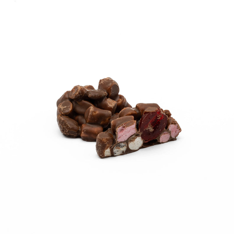 Spongy marshmallow pieces, sweet glace red cherries and natural sultanas with blanched roasted peanuts 