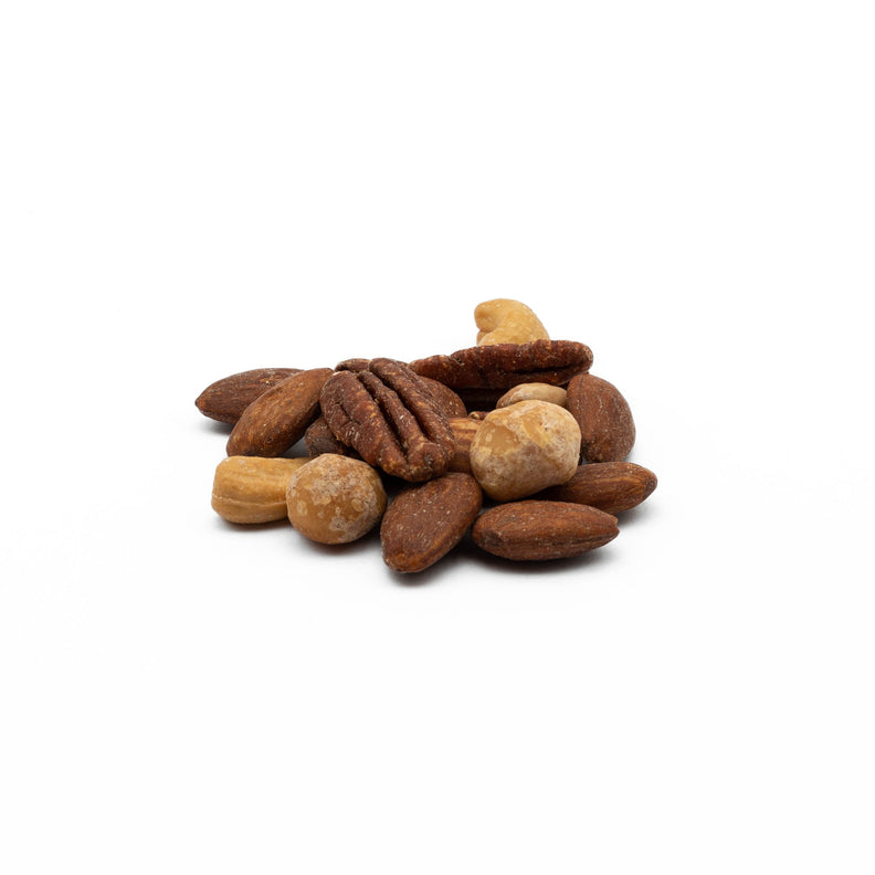 Combination of Dry Roasted Macadamias, Cashews, Blanched Almonds, Pecans and Almonds