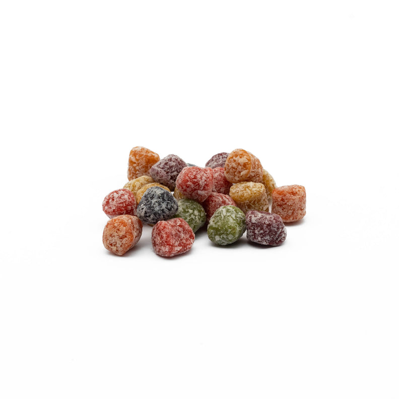 Soft fruit flavoured pieces, includes apple, blueberry, lime, strawberry, raspberry, orange and passionfruit