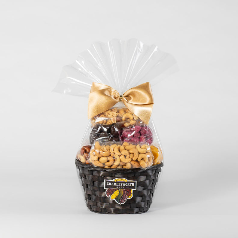 Handmade Gift Basket, featuring 7 irresistible Charlesworth treats, including a delightful mix of assorted nuts and decadent chocolates.