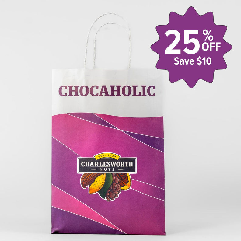 Charlesworth Nuts Chocaholic Showbag, plus a purple starburst promotional badge reading '25% OFF Save $10' on a light gray background.
