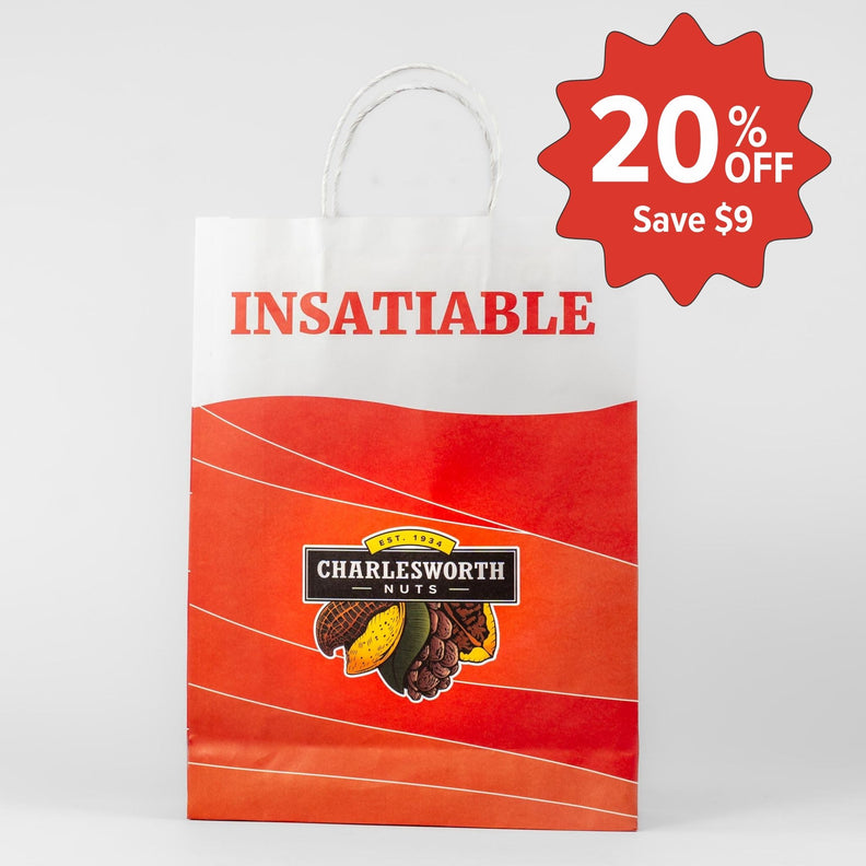 Charlesworth Nuts Insatiable Showbag, plus a purple starburst promotional badge reading '20% OFF Save $1' on a light gray background.9