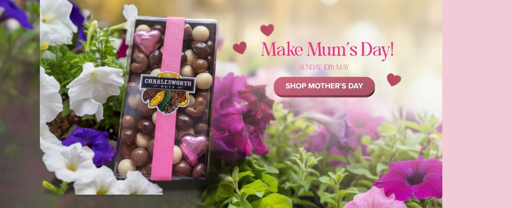 "Chocolate box with pink ribbon on a floral background, promoting Mother's Day shopping."