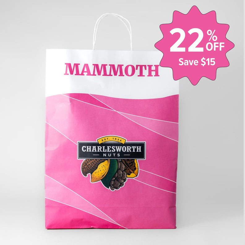 Charlesworth Nuts Mammoth Showbag, plus a pink starburst promotional badge reading '22% OFF Save $15' on a light gray background.
