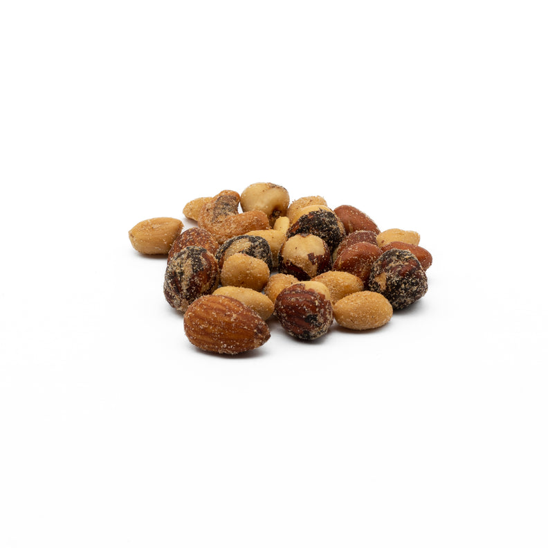 Classic Charlesworth Mix, cashews, hazels, pecans, peanuts, almonds, and Brazil nuts cooked and seasoned with smoked flavouring