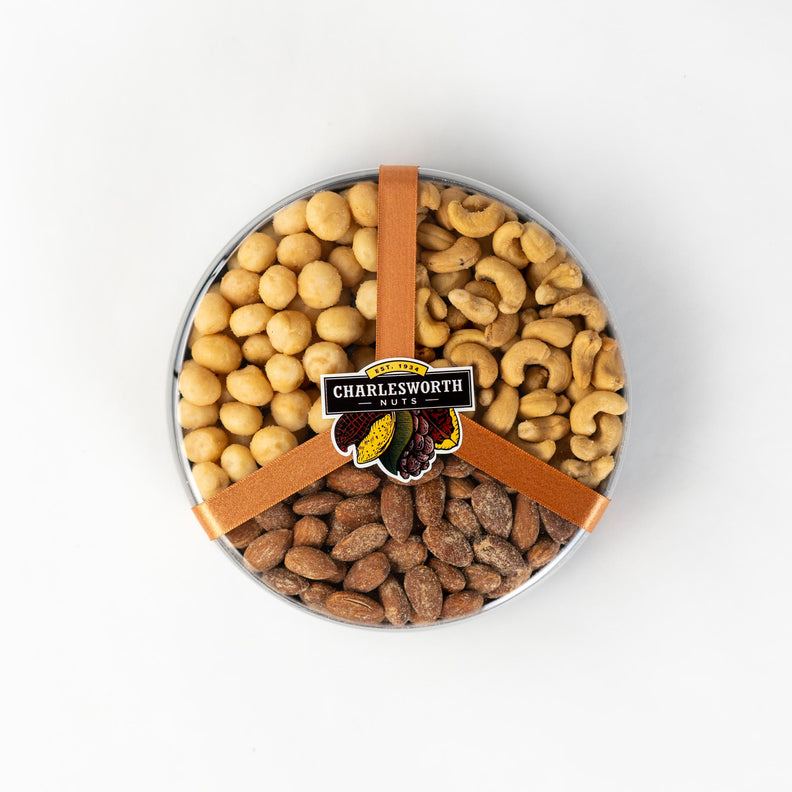Deluxe Salted Combo features a tempting blend of Salted Cashews, Smoked Almonds, and Salted Macadamias