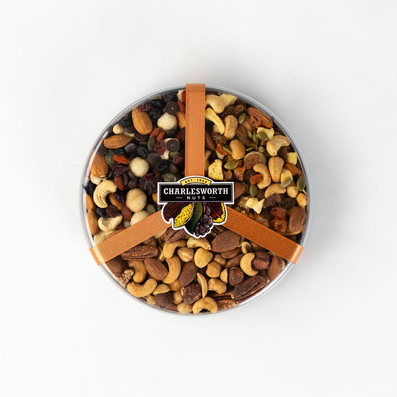 healthy gift pack featuring a selection of premium nut mixes including Charlesworth Dry Roasted Deluxe, Heart 'n' Soul, and Right Start.  