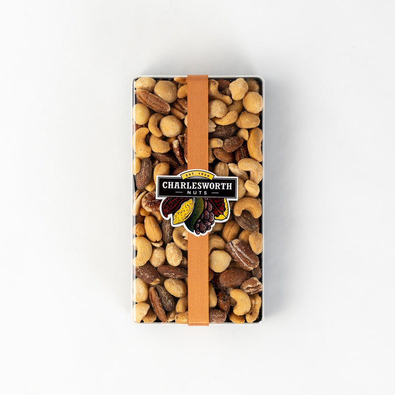 Gift Pack filled with salted macadamias, salted peanuts, salted cashews and salted walnuts