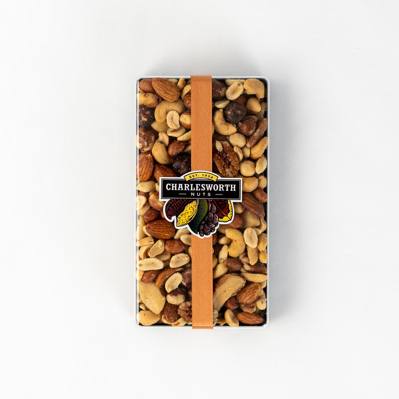 Salted mix gift pack contains a variety of classic Charleswortht's treats including: Almonds, Brazils, Nuts, Cashews, Hazelnuts, Peanuts and Pecans.