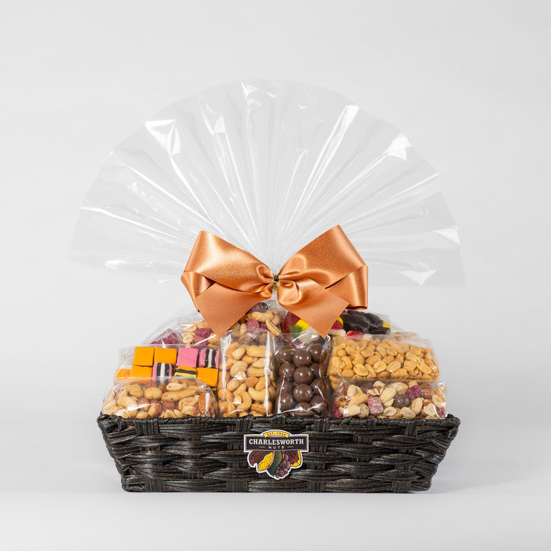 Special Gift Basket: It has 19 yummy Charlesworth nuts and chocolates inside, all in a cool reusable black basket.
