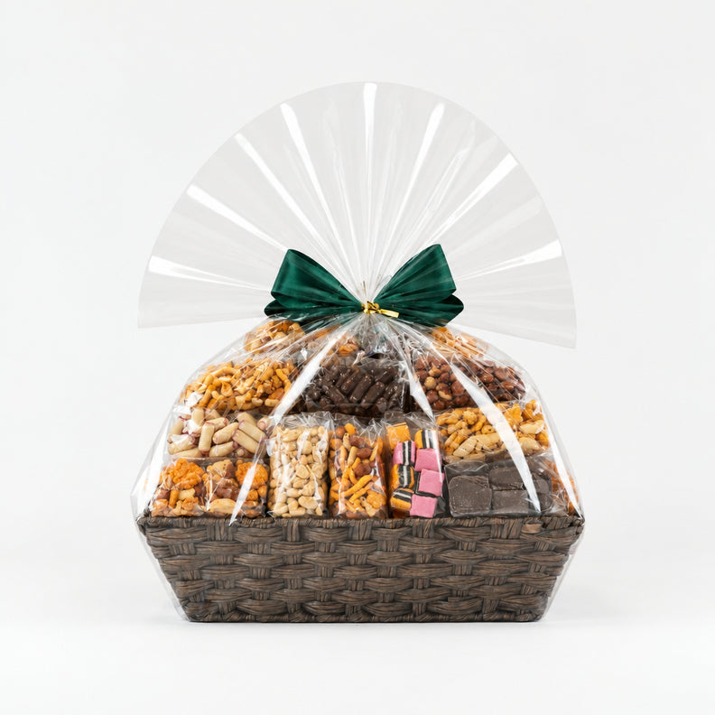 A gourmet snack and treat gift basket in a brown woven basket, wrapped in clear cellophane and tied with a green bow