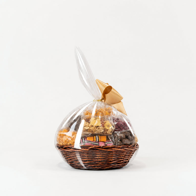 Christmas gift basket filled with chocolates, nuts, and snacks. 
